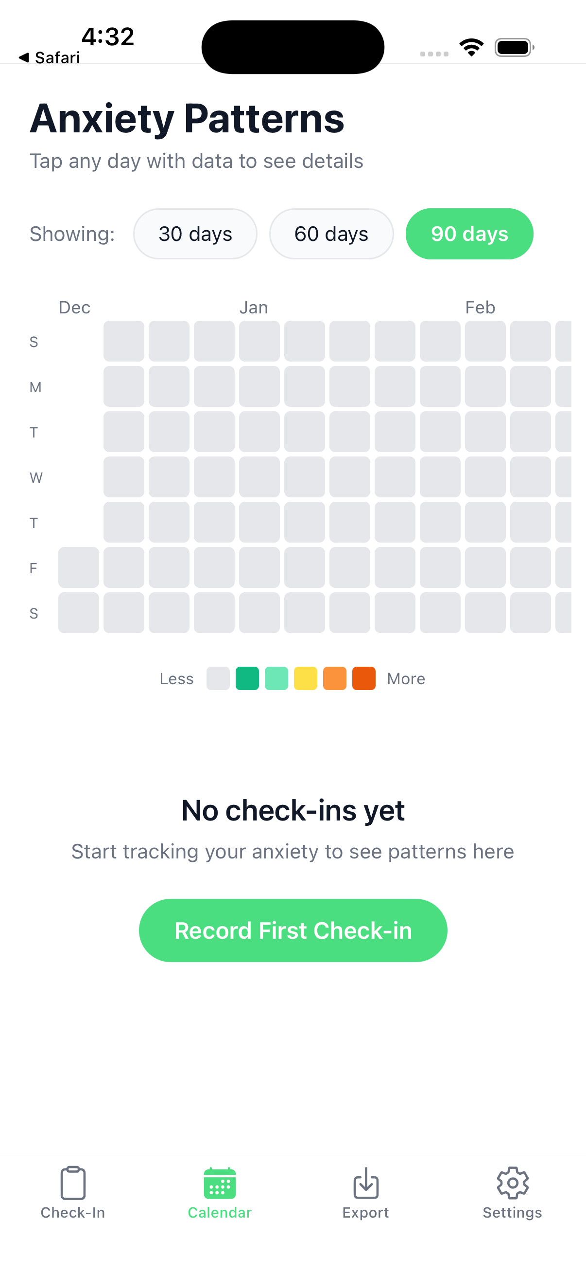 Calendar heatmap showing anxiety patterns over time