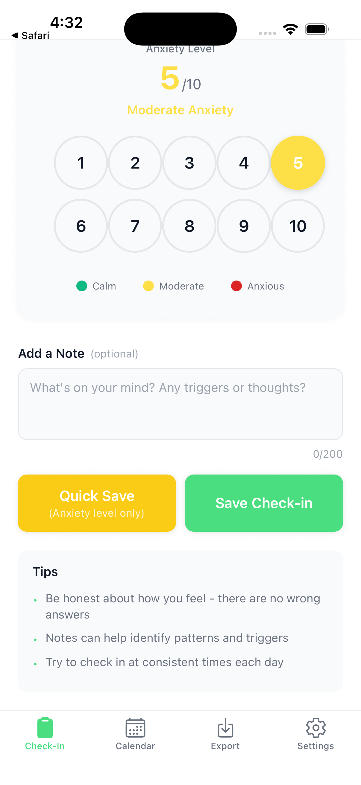 Check-In screen showing anxiety level grid 1–10