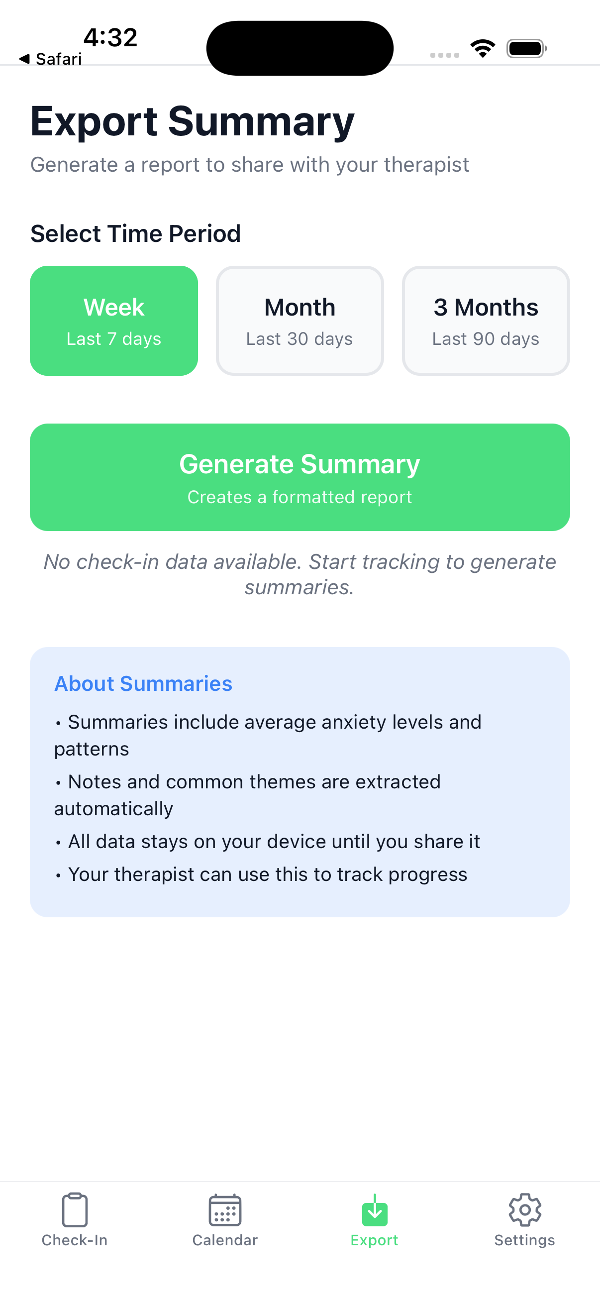 Export screen with CSV and PDF options