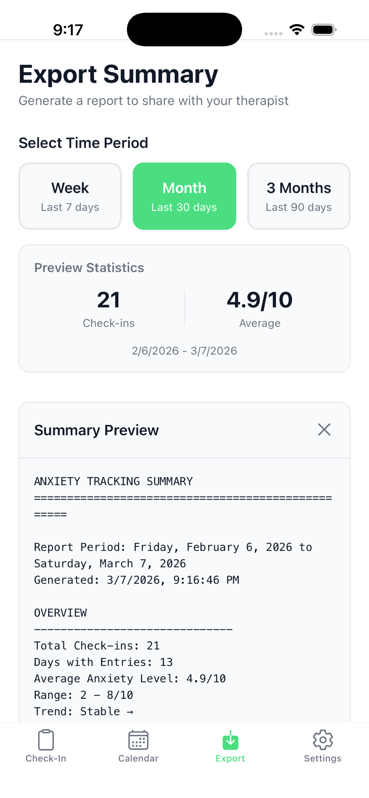 Generated summary report to share with your therapist
